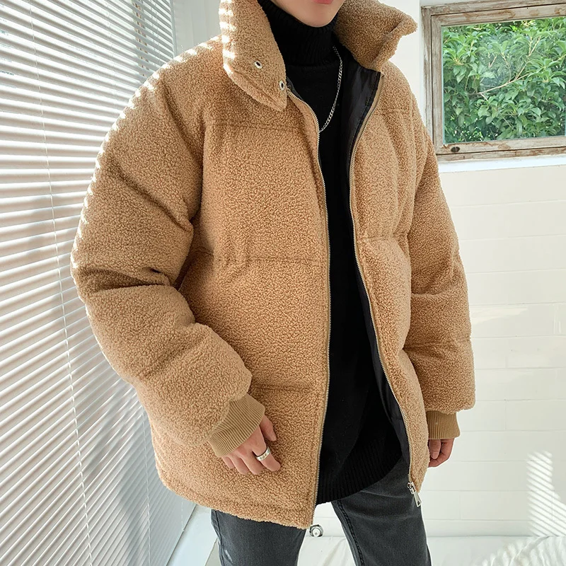 

New autumn/winter 2019 slimming solid color thickened and fleecy padded coat loose casual lapel fashion youth men's wear