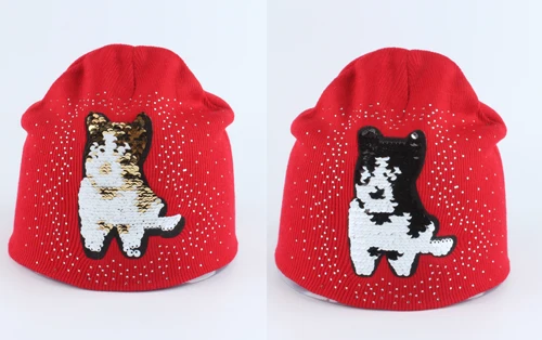 Зимняя шапка для маленьких девочек, зимняя шапка с рисунком медведя, забавная шапка с пайетками, двухслойная теплая вязаная шапка со стразами, шапочки - Цвет: dog red