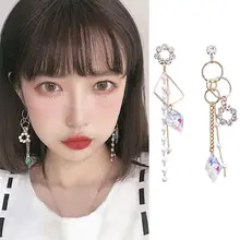 MENGJIQIAO новые корейские разноцветные Круглые асимметричные серьги с ромбовидными кристаллами для женщин длинные серьги с искусственным жемчугом и кисточками