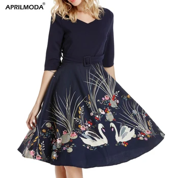 

Swan Print Sexy Vintage Dress Elegant Women Clothes A-Line Retro Swing Party Dresses Plus Size 4XL 50s 60s Hepburn Vestidos