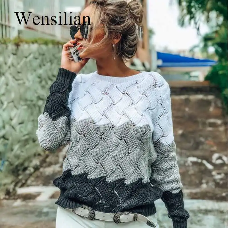 Зимний свитер женская одежда Дамский вязаный свитер платье с длинными рукавами в стиле пэчворк с круглым вырезом винтажный пуловер Femme Nouveaute - Цвет: grey and white