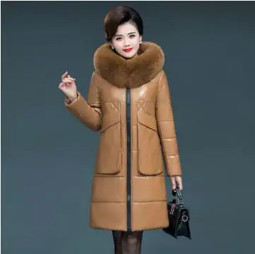 Apricot yellow Зимний женский пуховик из искусственной кожи, женская новая модная Длинная кожаная куртка с капюшоном, женское кожаное пальто большого размера с меховым воротником YH624 - Цвет: Apricot yellow