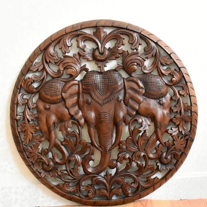 

Wall decoration Southeast Asian style Thailand imported teak three elephant carved board living room wall decoration