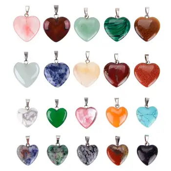 

20 Pieces Heart Shape Stone Pendants Chakra Beads Crystal 2 Different Sizes