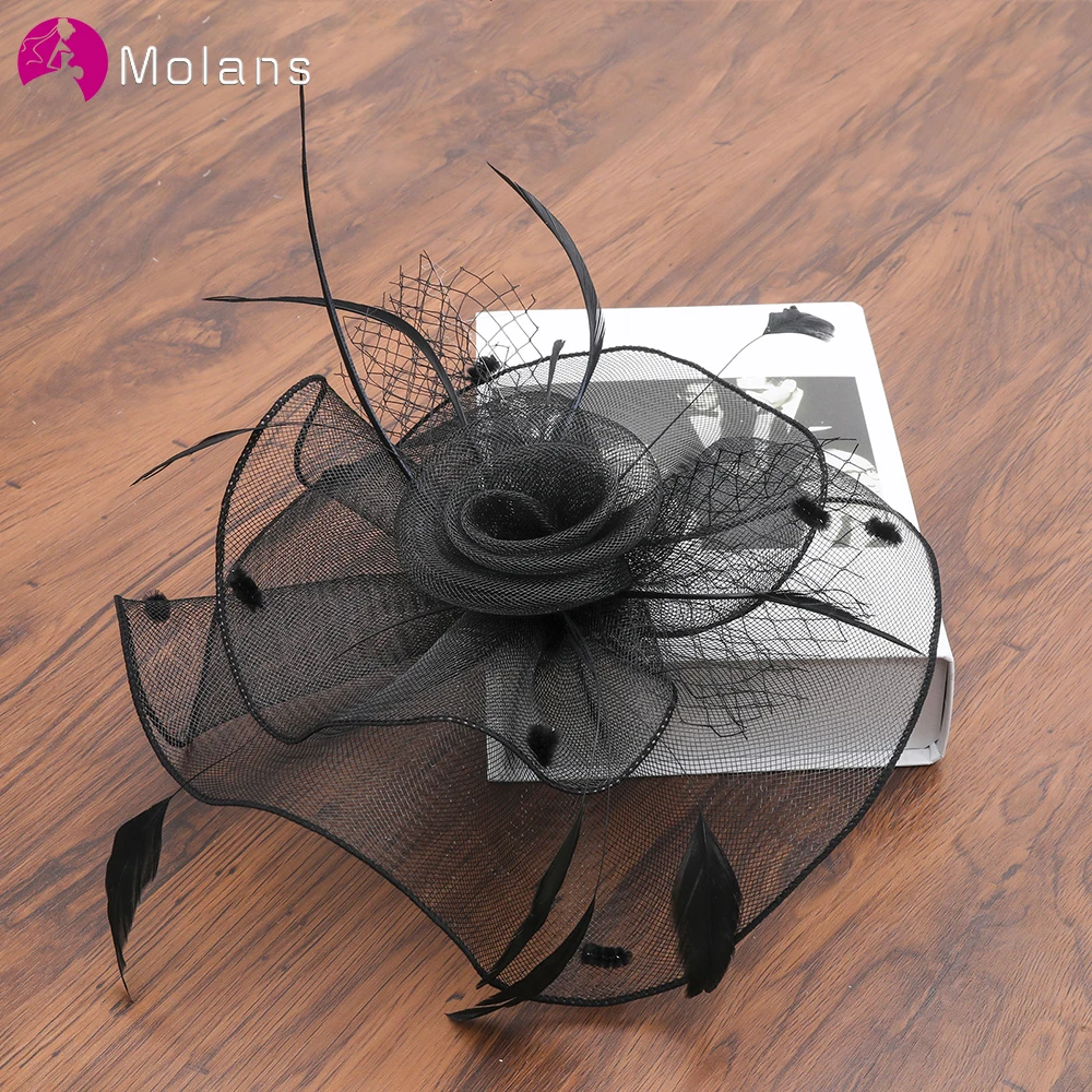 

Molans 2019 New Elegant Feather Headband Black White Color Flower Hair Hoop for Bridal Wedding Retro Mesh Hair Accessories
