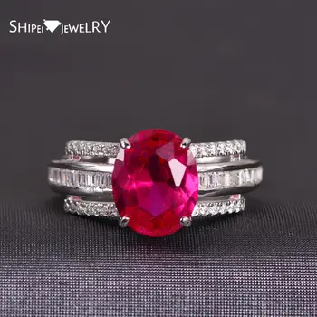 

Shipei Vintage 925 Sterling Silver Oual Ruby Greated Moissanite Gemstone Wedding Fine Jewelry Engagement White Gold Rings