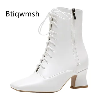 

2019 Simple Design Ankle Boots Women Square Toe Black White Real Leather Strange High Heel Boots Ladies Fashion Short Boots
