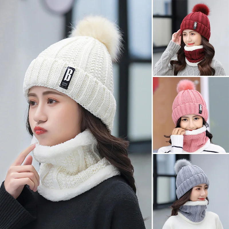 Intimate Design Women Winter Beanie PomPom Hat Thick Warm Soft Neck Warmer Knit Balaclava Soft Fabric Not Easy To Pilling
