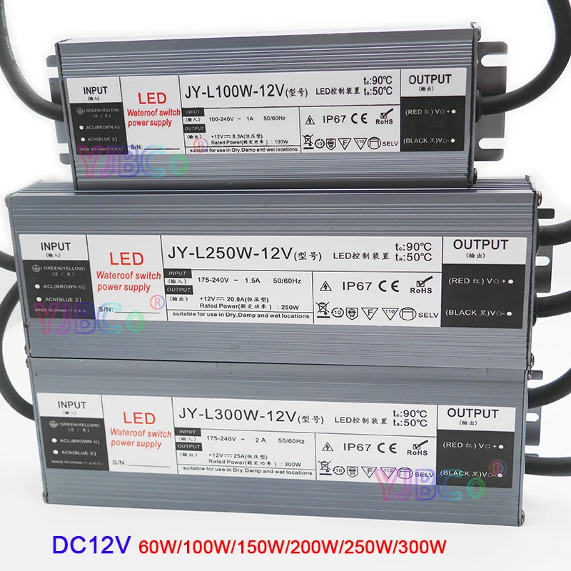 DC12V ультратонкий водонепроницаемый переключатель питания IP67 AC100V~ 240V 60 W/100 W/150 W/200 W/250 W/300 W/W трансформатор для светодиодной полосы света