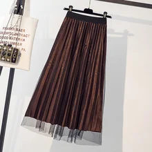 Осенняя модная бархатная сетчатая юбка в складку с высокой талией для девочек, золотистая свободная длинная юбка для женщин, повседневные, большие размеры, тонкие вечерние юбки