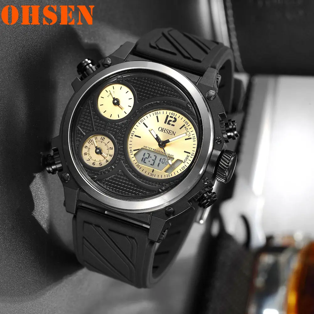 Black yellow watch OHSEN Брендовые мужские армейские часы с большим циферблатом и двойным дисплеем, черные, серые, с резиновой лентой, пластиковый корпус, мужские кварцевые часы, наручные часы - Цвет: Black yellow watch