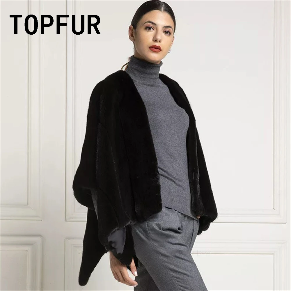TOPFUR, черная накидка, женская накидка из натурального меха, женская накидка из натурального меха норки, женская накидка, пальто с коротким рукавом, меховые пончо размера плюс