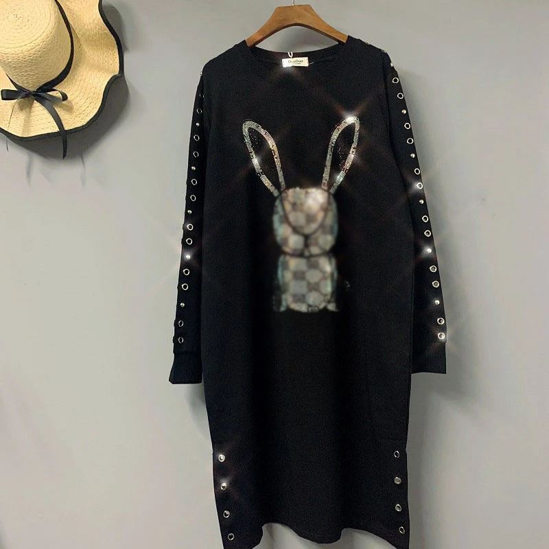 

Black Women Rabbit Print Sweatshirt 2021 Spring Autumn Sweatshirt Dress With Rhinestone Female Fork Edge Dress Mixture Z596