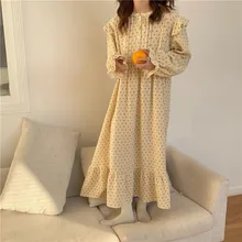 100% cotton casual long nightgown women long sleeve floral print ruffles homewear dress loose autumn winter nightdress L564