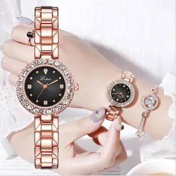 

2019 Brand Luxury Women Dress Watches Set Fashion Geometric Bangle Bracelet Quartz Clock Ladies Wrist Watch Rose Gold Watches