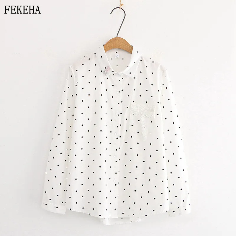 

Autumn Shirts Womens Plaid Blouses Dot Stripe Tops Loose College Style Lace Print Female Clothes Students Clothing
