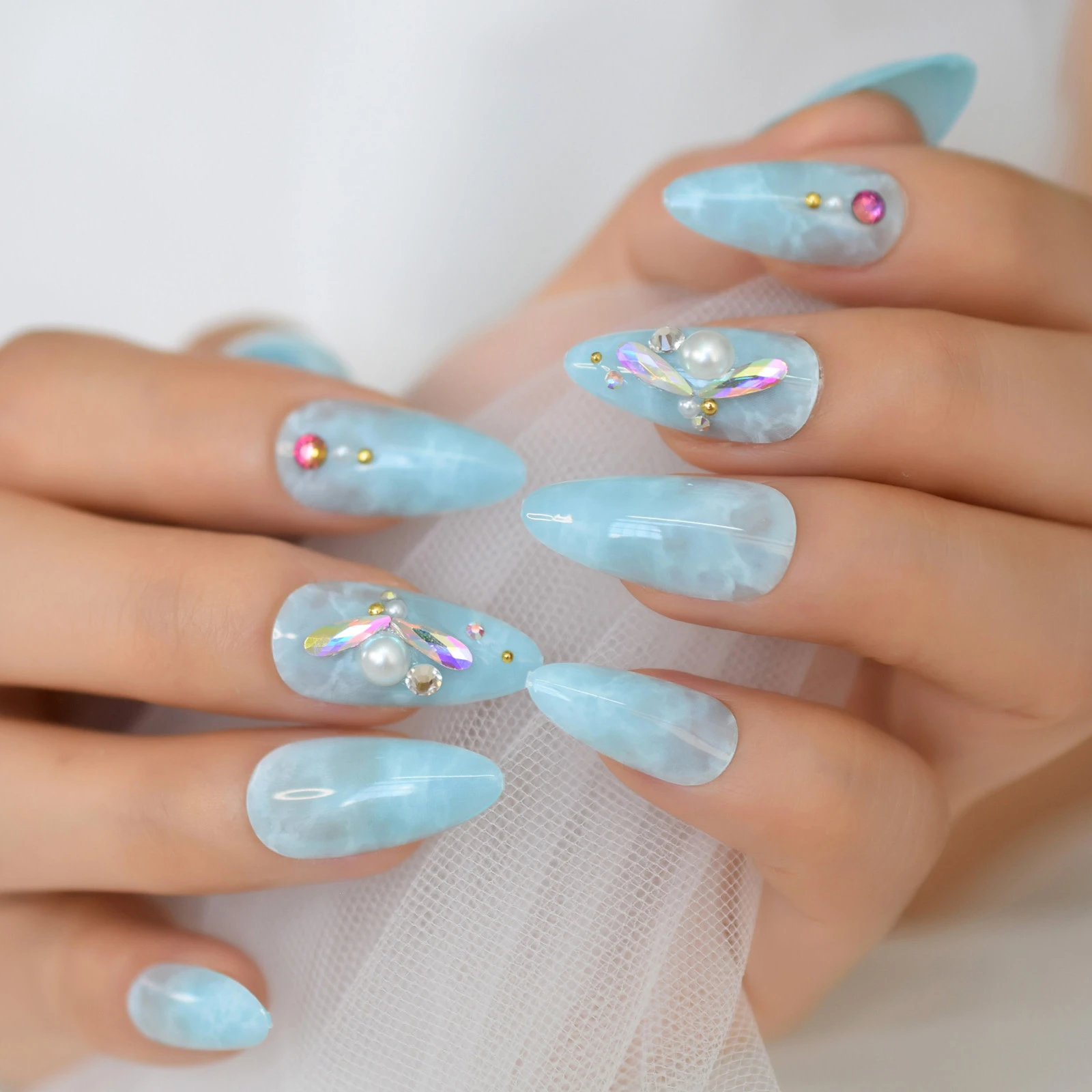 Marble Cloud Press on French False Nails Glossy Sky Blue Design 3D Crystal  Gems Fake Nail Stiletto Almond Nail Art Tips 24pcs|False Nails| - AliExpress