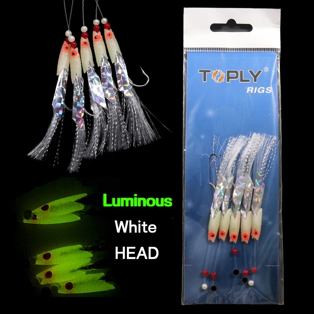 Elllv 2bags Sabiki Rigs Luminous Fish Head Flasher Streamer Fishing Lures  Soft Artificial Fishing Bait String Hook 3/0