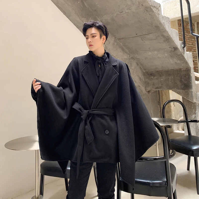 Men Winter Oversize Loose Casual Woolen Cloak Jacket Male Streetwear Vintage Hip Hop Gothic Sashes Outerwear Coat Stage Clothing Men Winter Oversize Loose Casual Woolen Cloak Jacket Male Streetwear Vintage Hip Hop Gothic Sashes Outerwear Coat Stage Clothing