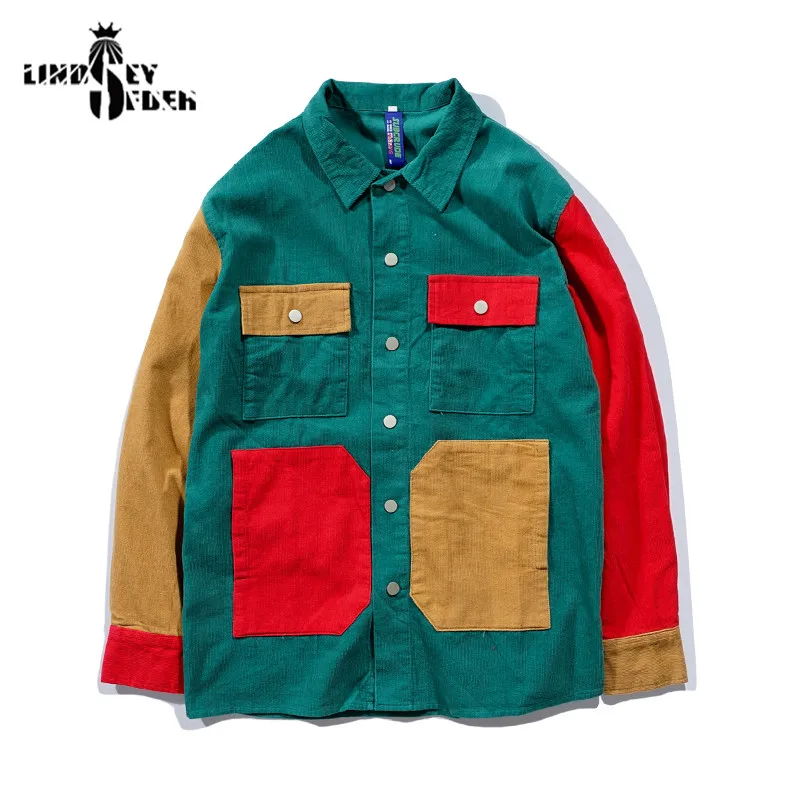 

Mens fashion patchwork Shirt Hip Hop Shirts geometric Harajuku Japanese long Sleeve thin jacket Casual Streetwear Autumn outwear