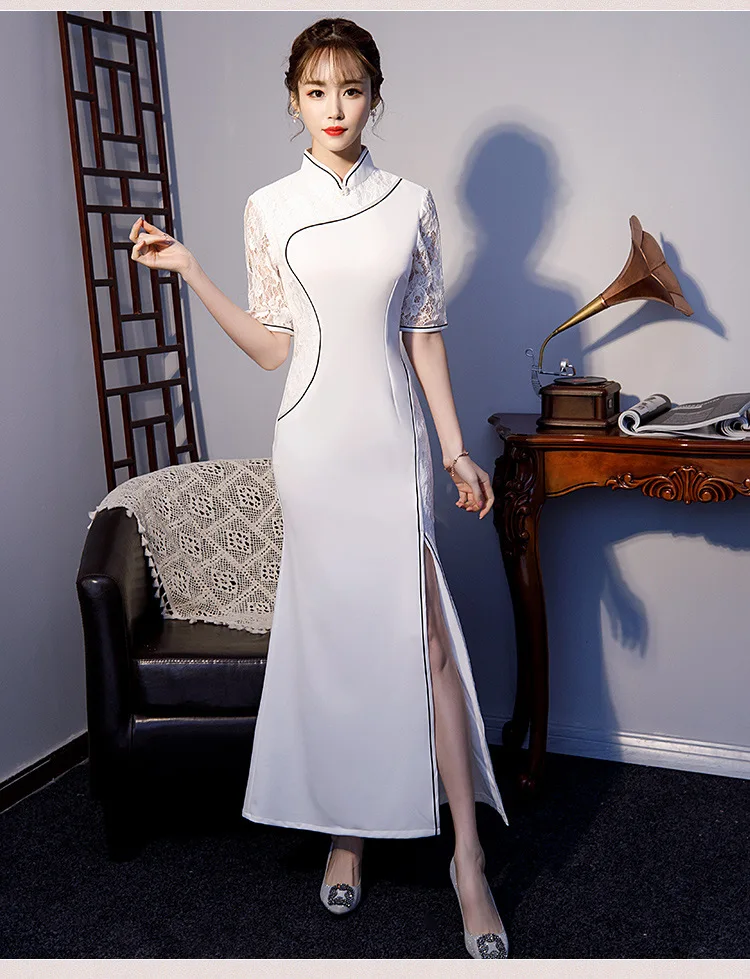 LZJN 2020 New Chinese Style Female Qipao Elegant Women Slim Long Cheongsam Red White Lace Mandarin Collar Party Dress Vestidos (17)
