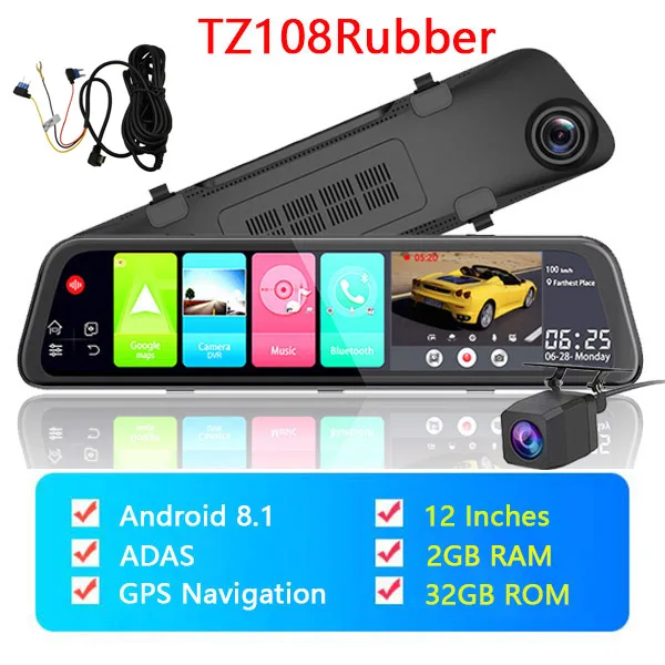 WHEXUNE Автомобильный видеорегистратор 12 дюймов потоковое зеркало заднего вида 4G Android gps навигация видеорегистратор FHD 1080P Авто регистратор видео рекордер - Название цвета: TZ108Rubber