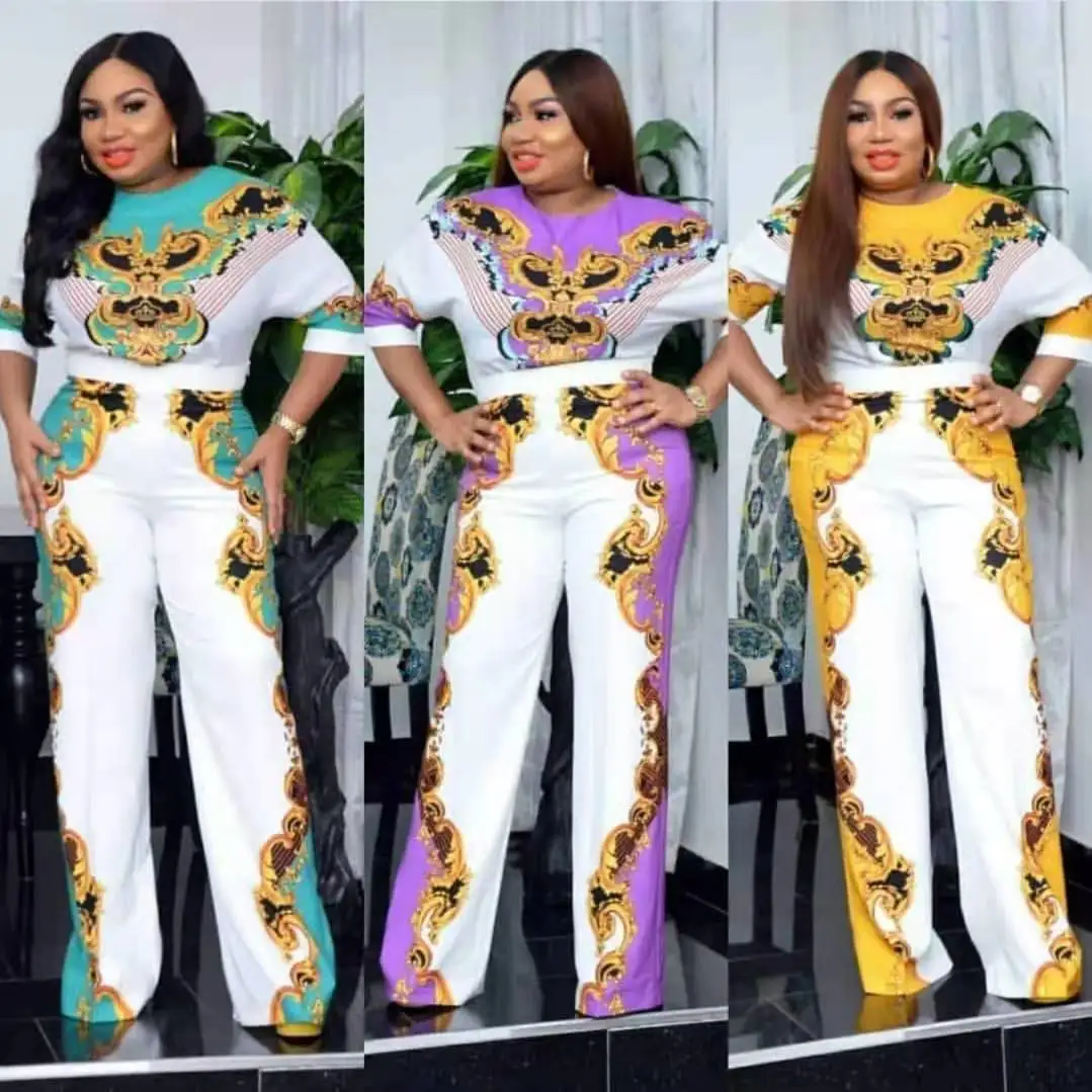 Dashiki African Wide Leg Trousers Fashion Suit Dress and Trousers Short Sleeves For Lady 4 Colors