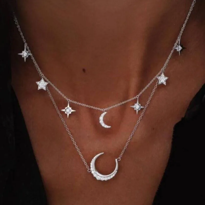 Boho Star Moon Crystal CZ multilayer Chain Pendent Necklace For Women Retro Sparkling Choker Collar Rhinestone | Украшения и