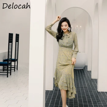 

Delocah Spring Summer Women Dress Runway Fashion Designer Lantern Sleeve Simple Bow Printed Elegant Slim Asymmetrical Dresses