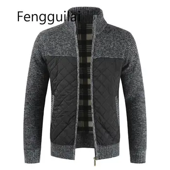 

FENGGUILAI 2020 Autumn Winter Sweater Men Solid Patchwork Thick Fleece Cardigan Men Casual Stand Color Sweater Men Coats Gray