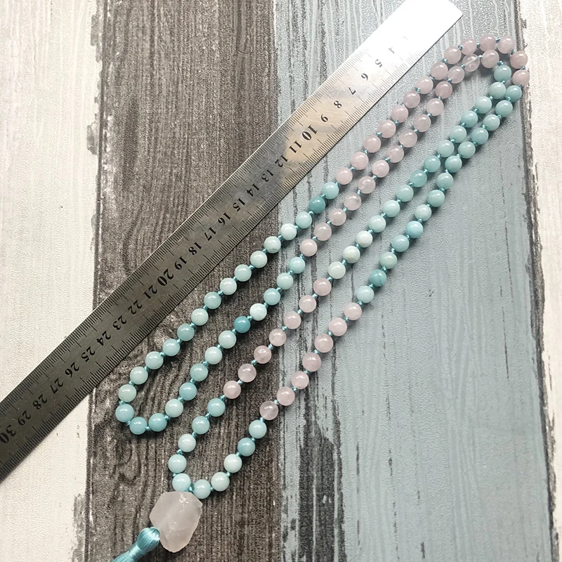 Raw Stone Pendant Mala Necklaces Rose Q-uartz& Amazonite Knotted Necklace 108 Mala Beads Tassel Necklace Womens Gift For Her