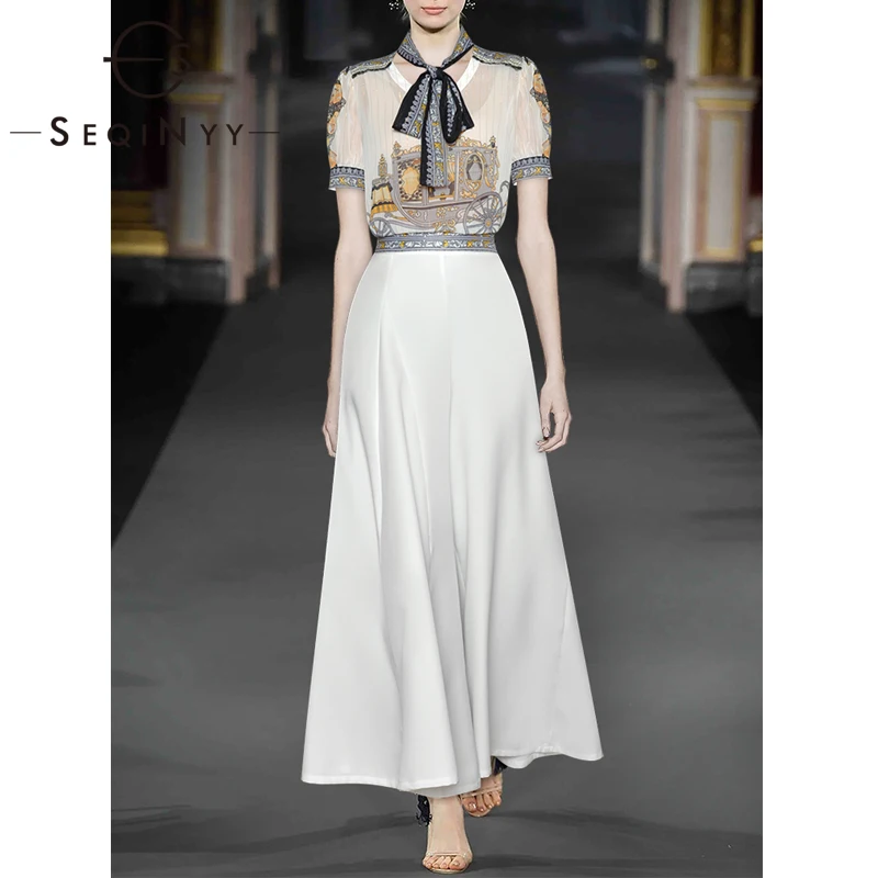 

SEQINYY Runway Set 2020 Summer Spring New Fashion Design Short Sleeve Shirt + Loose A-line Pants Vintage Print Suit