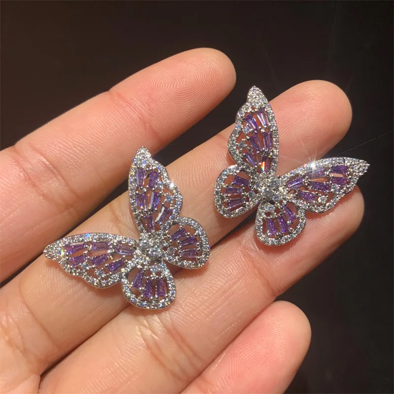 Корейский Кристалл выдолбленные фиолетовые серьги-гвоздики с бабочкой супер фея сладкий бабочка циркония Эффектные серьги - Окраска металла: Purple