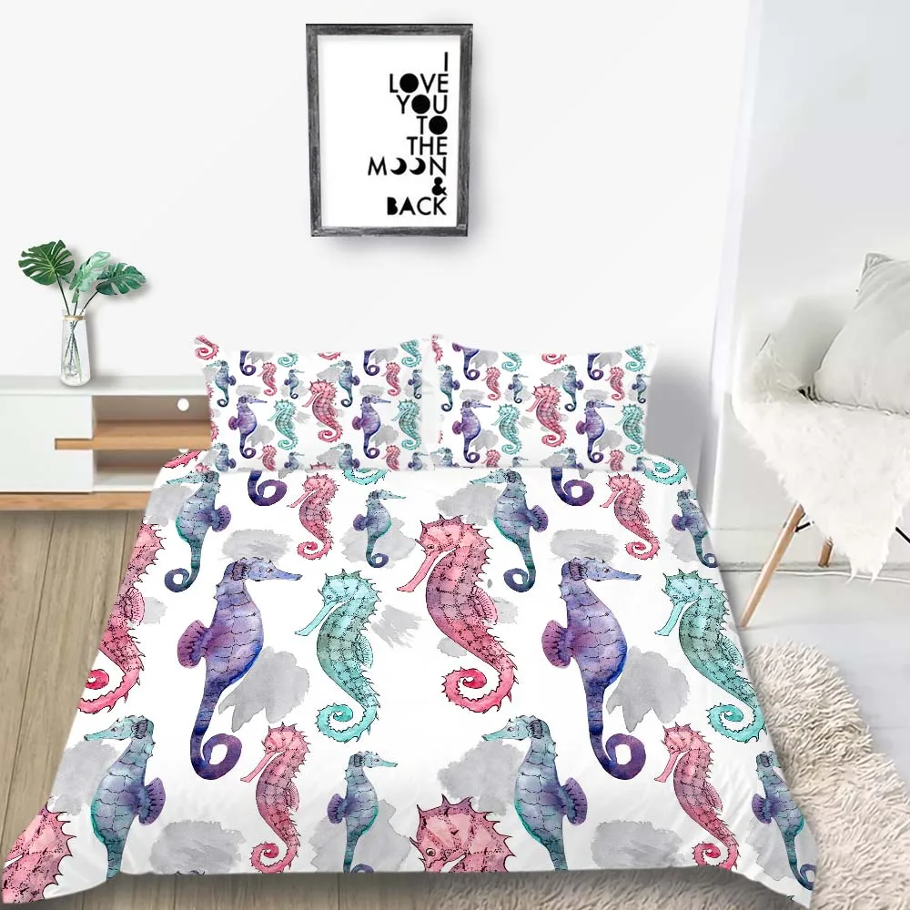 3D Мода постельное белье с животными наборы Seahorse печать черный фон Король Королева двойной полный двойной односпальная кровать комплект белья