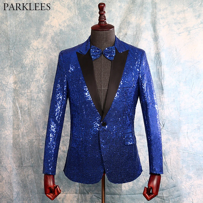 

Royal Blue Sequin Glitter Blazer Jacket Men One Button Peak Collar Slim Fit Mens Blazers Wedding Groom Stage Prom Costume Homme