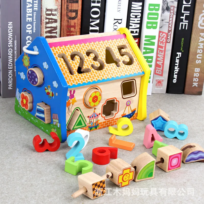 

Wood Mom Children Early Childhood Educational Five in One Multi-functional Geometric Shapes Matching with Numbers Acumen Estates