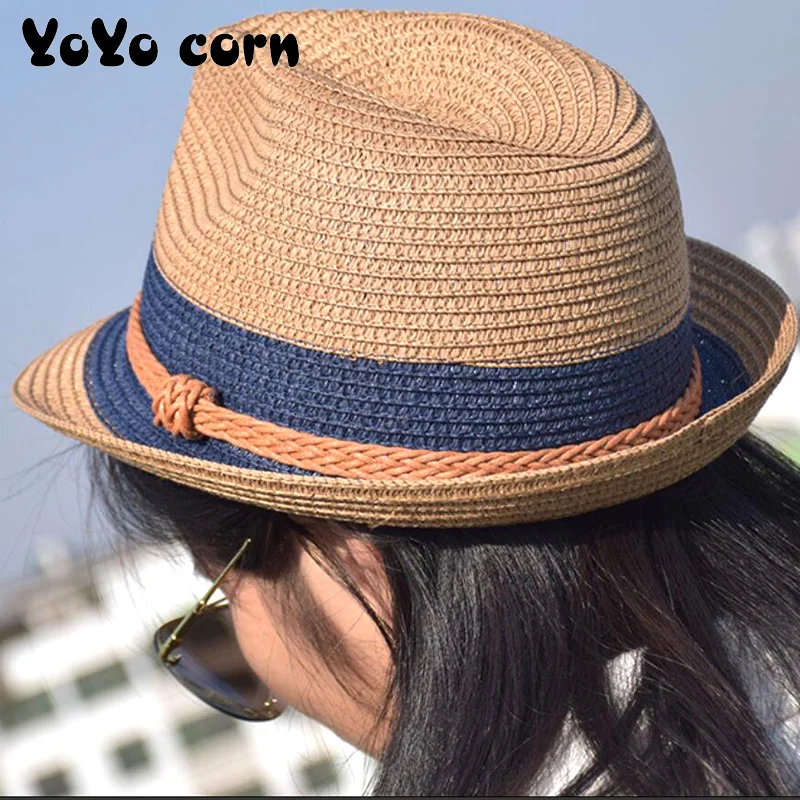 YOYOCORN соломенная шляпа в полоску из пеньковой веревки, шляпа с козырьком, летняя джазовая женская соломенная шляпа, Пляжная мужская шляпа от солнца, Повседневная Панама, мужская Кепка