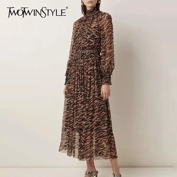 

TWOTWINSTYLE Print Leopard Dress For Women Stand Collar Long Sleeve Elastic High Waist Dresses Female 2020 Autumn Fashion New