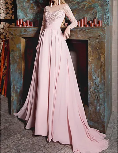 A-Line Украшение шеи развертки поезд шифон Элегантный Формальное вечернее платье с аппликациями - Цвет: Розовый