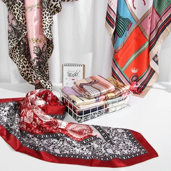 

HOOH Fashion Kerchief Silk Satin Neck Scarf For Women 90*90cm Square Head Hijab Scarf Ladies Shawl Wrap Bandanna