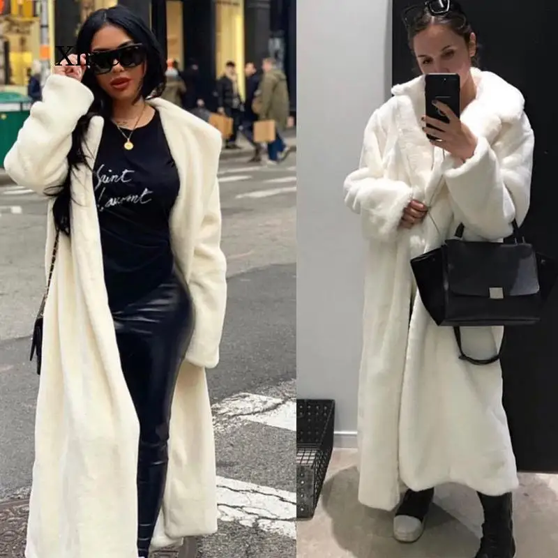 

Winter Women Faux Rabbit Fur Coat Lengthen Knee Fur Coat Loose Lapel Overcoat Thick Warm Female Plush Coats
