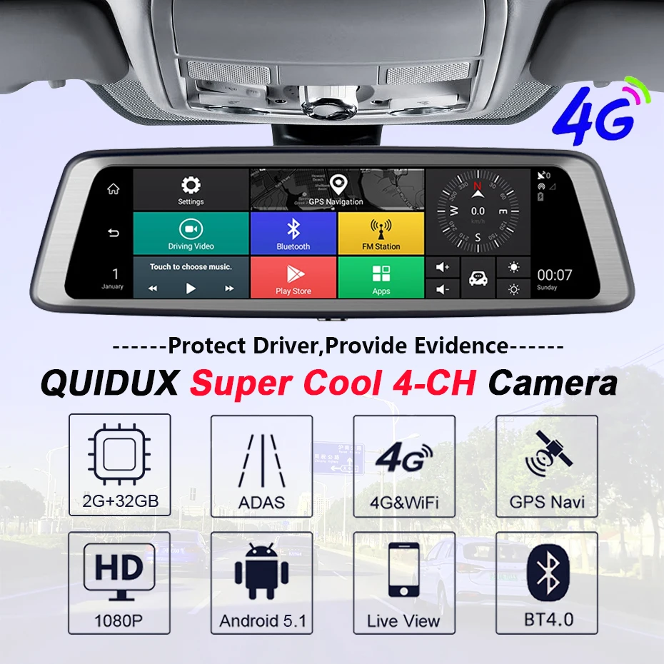 Автомобильный видеорегистратор QUIDUX 10 дюймов 4G 4 камеры ADAS Android FHD 1080P зеркало
