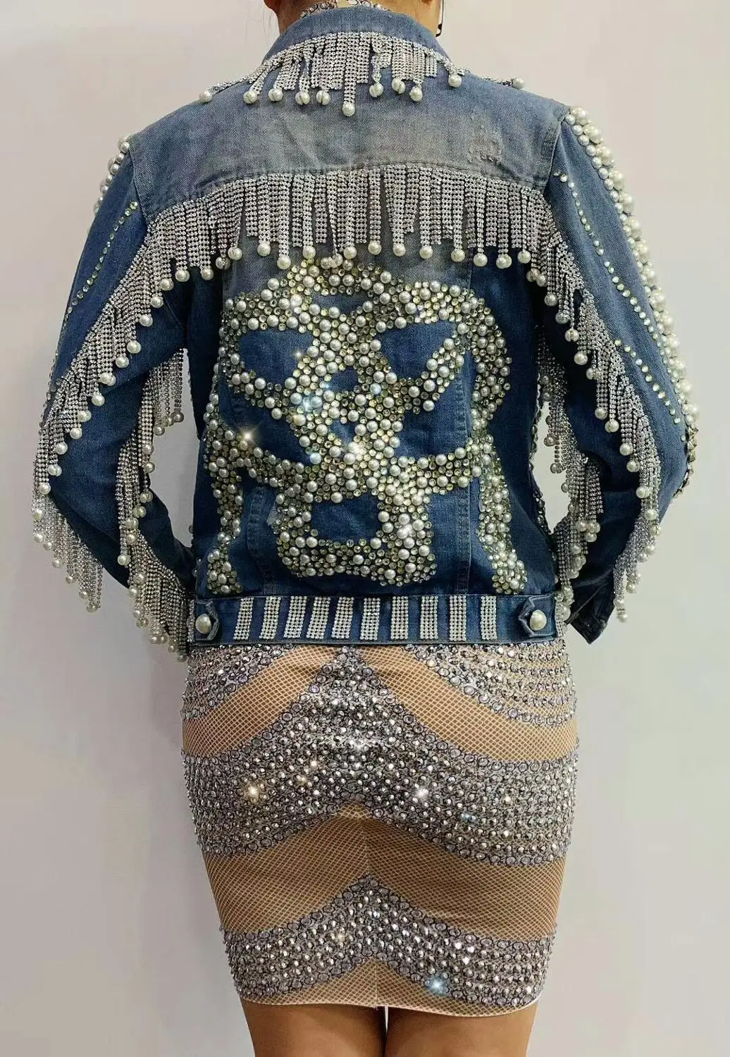 Silver Rhinestones Sleeveless Dress Pearls Rivet Denim Coat