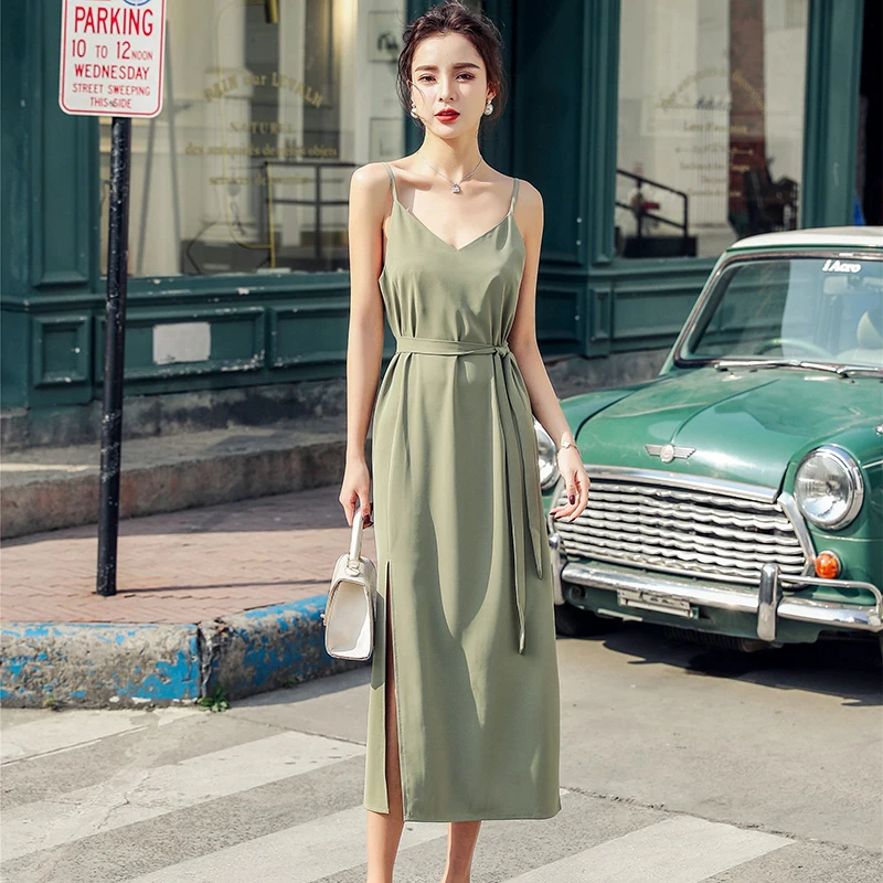 

XS-XL Bandage Belt Dress Sexy Fashion Long Dress Solid V-Neck Split Chiffon Dress Summer Beach Straight Vestidos Party