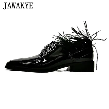

JAWAKYE Ostrich Hair Black Women Loafers Trendy Square Toe Colorful Rhinestone Metal Chain Flat Shoes Woman Runway Design Shoes