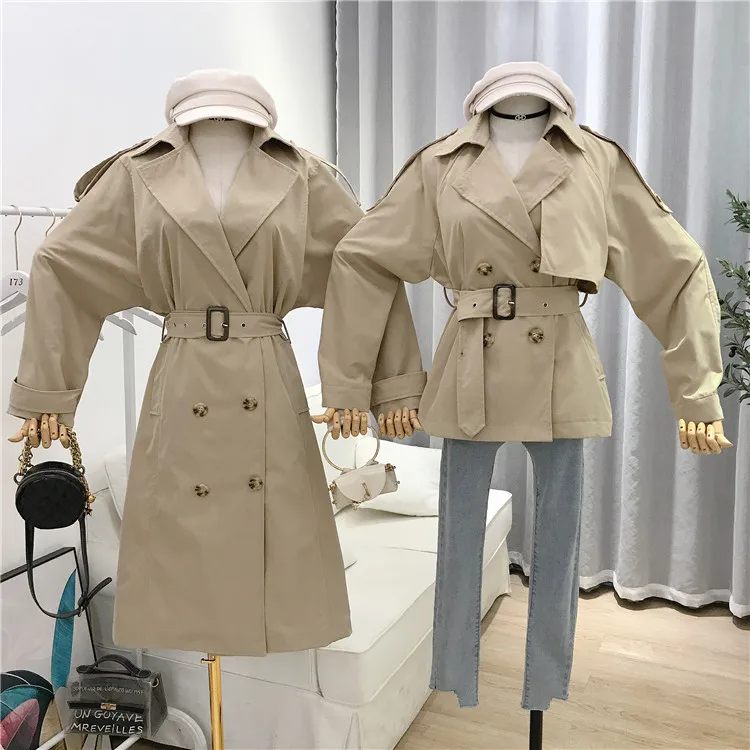 

2019 New Spring and Autumn Lady's Medium Long Trench Coat Retro Double-breasted Windbreaker Women's Slim Outwear