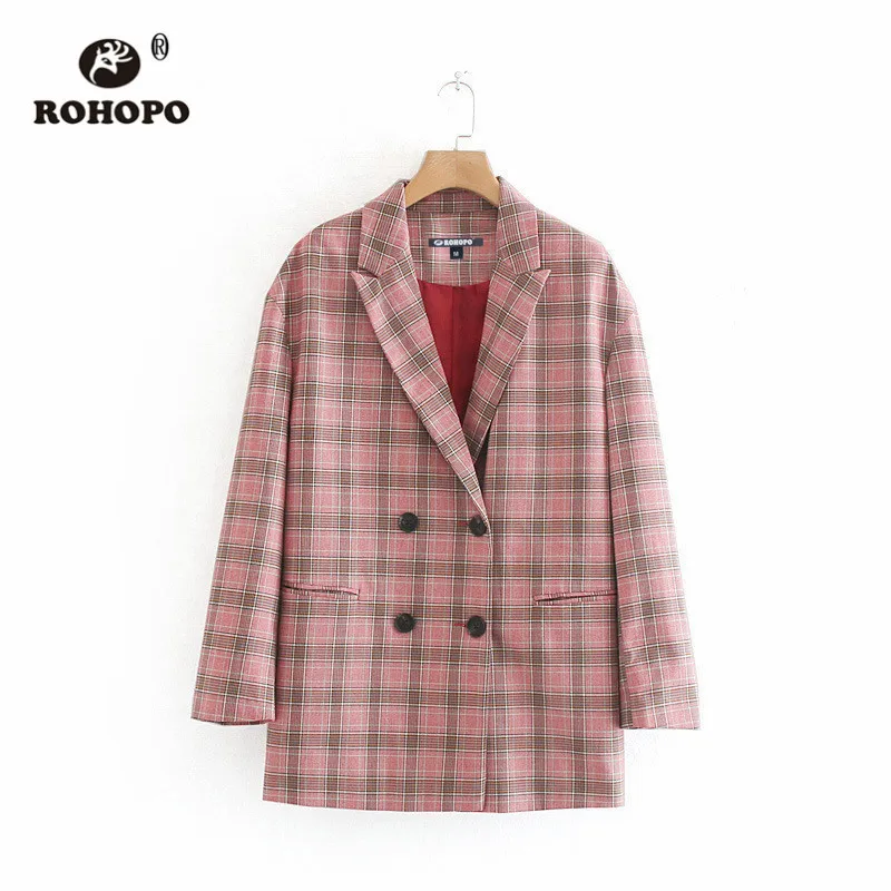 

ROHOPO Double Buttons Plaid Pink Blazer Office Ladies Wide Striped Back Slit Hem Notched Outwear #9516
