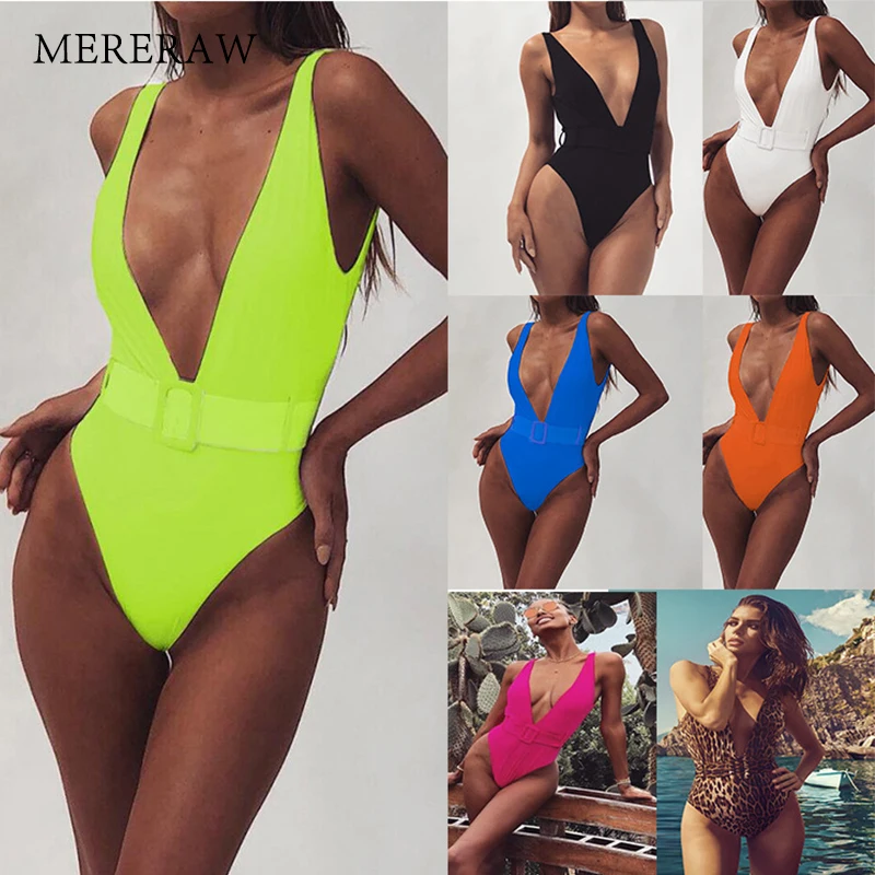 

White Women's One-Piece Swimsuit European Leopard Belt Buckle Integrated Bikini Polyester sexy swimsuit fluorescent green