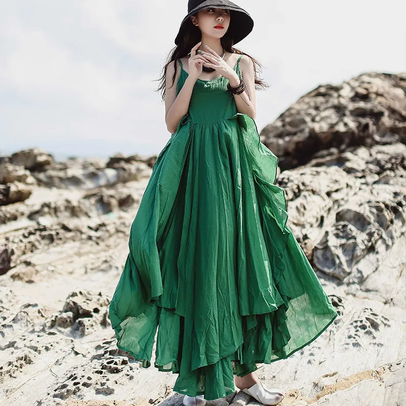 LANMREM летняя новая одежда для отдыха в пляжном стиле, однотонное свободное платье с большим подолом без рукавов, Двухслойное сексуальное платье на бретельках QH9370