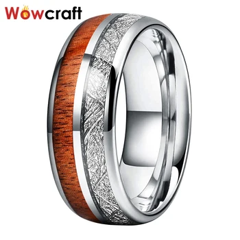 

8mm Wedding Bands Tungsten Carbide Rings for Men Women Meteorite Koa Wood Inlay Polished Shiny Domed Band Comfort Fit